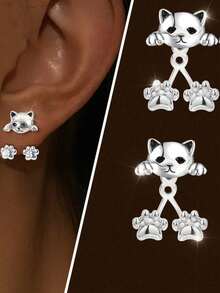 1 Pair Girl's Cat Paw Hanging Earrings, Creative & Unique Design, Cute Pet, Delicate & Sweet, Versatile For Daily Wear - Multicolor - View 2