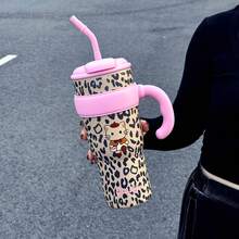 1个1100毫升豹纹保温杯，不锈钢真空保温旅行杯，带茶漏、手柄和吸管，大容量 - 彩色 - 查看 15