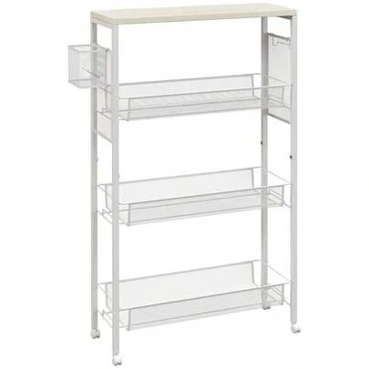 HOMCOM Kitchen Trolley, 3-Tier Serving Cart With Basket, Countertop, Steel Hooks, 58x18.5x87 Cm In White For Kitchen And Dining Room