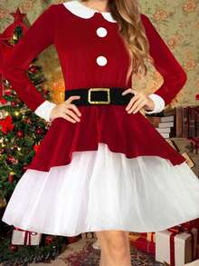 Women's Christmas Santa Claus Costume Dress Velvet Red Long Sleeve Layered Tulle Dress With Plush Sashes Decorated Winter Holiday Party Celebration Cosplay Outfit - 紅色 - 查看 2