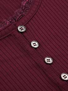 Women Long Sleeve Button Up Lace Patchwork Henley Crop Tshirt Y2K Aesthetic Scoop Neck Fit Shirt Top - Màu Đỏ Sâu - Xem 6