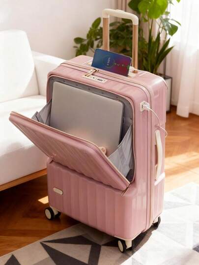 24-inch Morandi Color Series roze multifunctionele handbagagekoffer met opening aan de voorkant, ontworpen voor efficiënt reizen, maakt reizen gemakkelijk, ontwerp met opening aan de voorkant, soepel draaiende wielen, geschikt voor zakenreizen, vakanties en korte uitstapjes - Lichtgewicht multifunctionele handbagagekoffer met USB-poort