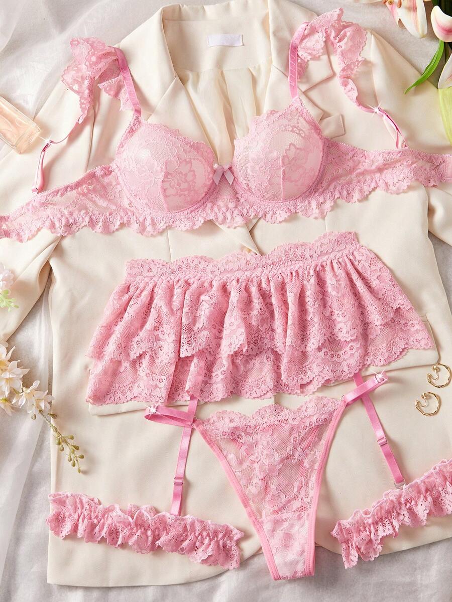 1PC Women's Sexy Lingerie Set [Sweet Whisper Lace Romantic Anti-Exposure Set] Ruffles, Anti-Exposure Safety Shorts, Sweet And Sexy, French Romantic, Dating Outfit, High Waist, Tummy Control, Support And Gathering, Adjustable Shoulder Straps, Bow, Hollow Out. - 粉色 - 查看 1