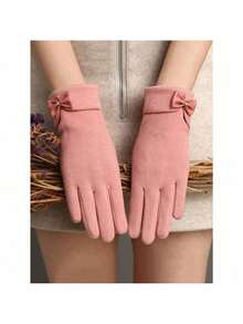 1 Pair Cute Bow Thermal Plush Gloves, Windproof Touch Screen Winter Outdoor Sports Gloves For Ladies, Fashion Warm Gloves For Women Cold Weather, Snow Thicken Cycling Gloves, Women's Wool Coldproof Warmth Glove, Suitable For Holiday Gifts, Gift Giving, Insulated Finger Gloves Halloween Valentine's Day - 粉色 - 查看 13