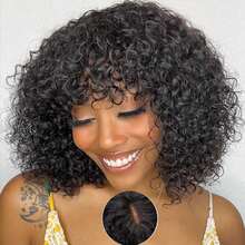 Zealady Short Curly Bob Human Hair Wigs With Bangs Glueless Wigs For Women Human Hair Wear And Go Brazilian Kinky Wave Curly Wigs With Bangs 2*1 Mini Lace Closure Wigs Human Hair Natural Color 10-14 Inch - Natural Black - 查看 1