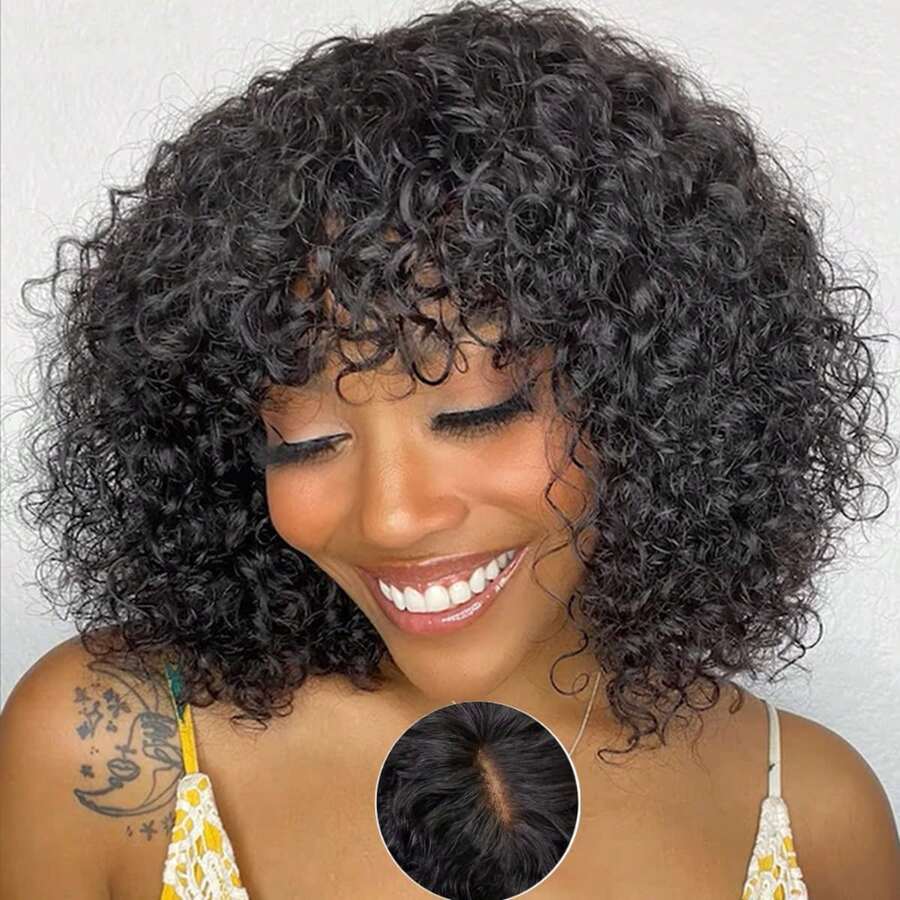 Zealady Short Curly Bob Human Hair Wigs With Bangs Glueless Wigs For Women Human Hair Wear And Go Brazilian Kinky Wave Curly Wigs With Bangs 2*1 Mini Lace Closure Wigs Human Hair Natural Color 10-14 Inch - Natural Black - 查看 1