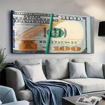 1pc,Inspirational Art Deco Style Canvas Wall Art Print - Frameless Dollar Series Stacked Currency Poster For Home Office, Living Room, Bedroom - Indoor Transverse Orientation - Unique Design Artwork