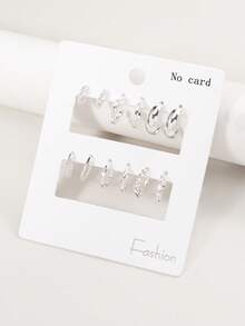 6 Pairs Vintage Texture Metal Open-Hoop Design Rhinestone Decorated Women Earrings, Everyday Wear