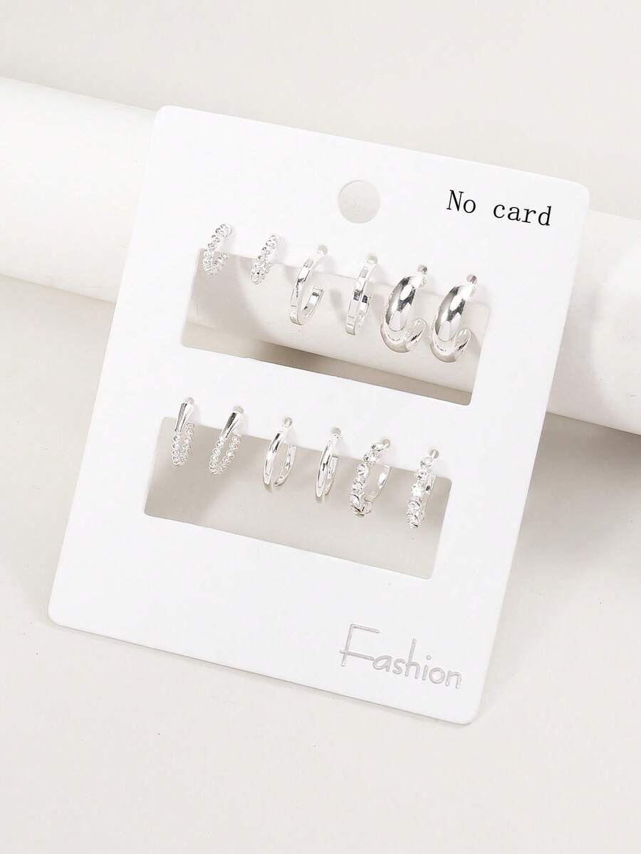 6 Pairs Vintage Texture Metal Open-Hoop Design Rhinestone Decorated Women Earrings, Everyday Wear