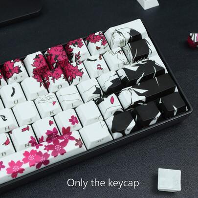 Taste translucide cu gradient gravat lateral din material PBT, set de capace pentru taste anime Sakura Crow & Girl, profil CHERRY potrivit pentru switch-uri MX (tastatura nu este inclusă) sublimare colorantă