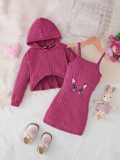idolCat 2pcs Young Girls' Cute Long Sleeve Hooded Dress With Striped And Cat Face Patterns For Fall Daily Wear
