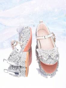 Zapatos de princesa de cuero con rhinestones para niñas en otoño, zapatos para niños, zapatos de cristal para actuaciones y ceremonias, zapatos de suela blanda para niñas, diseñados para niñas bebé, tacones altos de princesa de moda con moño, diseñados para zapatos de baile de moda para niñas, zapatos elegantes diseñados para bodas - Plateado - Ver 12