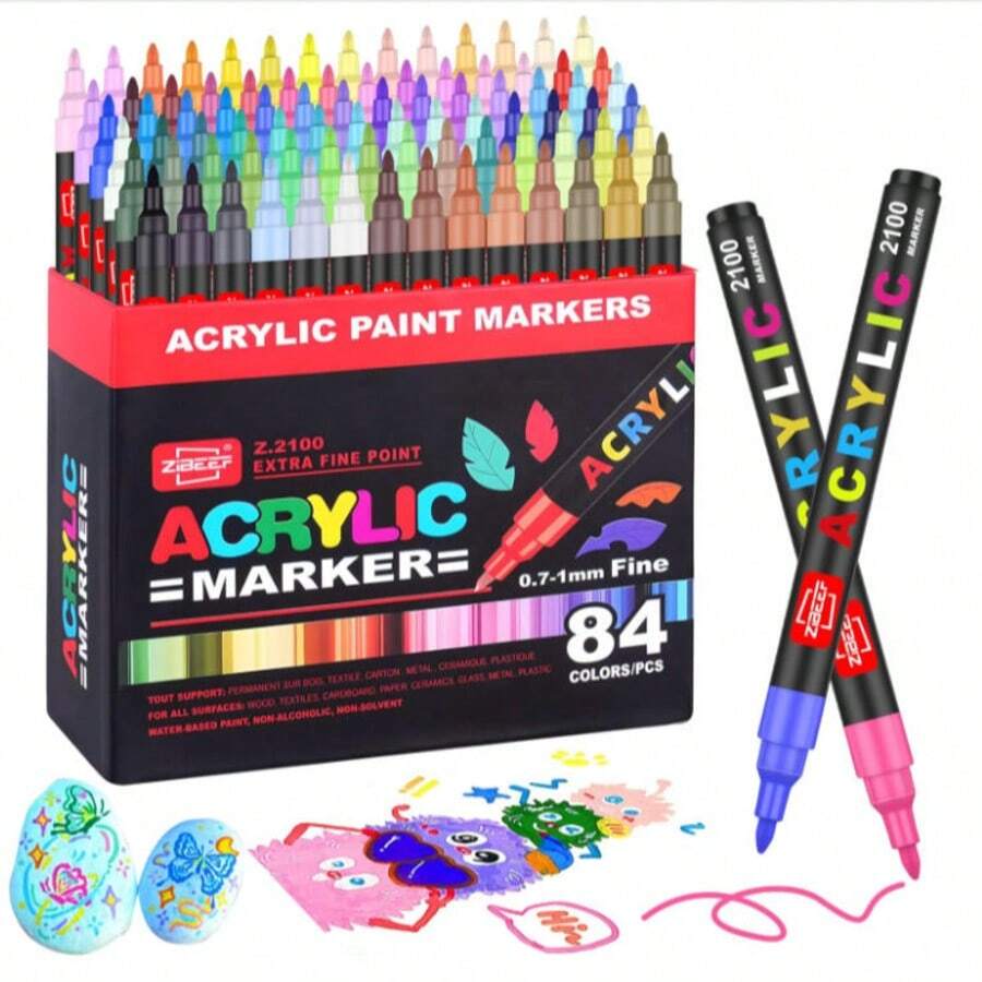84 Pack Acrylic Paint Pens, Vibrant & Opaque Markers For Rock Painting And Adult Coloring Books On Wood, Fabric, Glass - Stress-Relief DIY Art Supplies For Beginners & Artists - 84色/套 - 查看 1