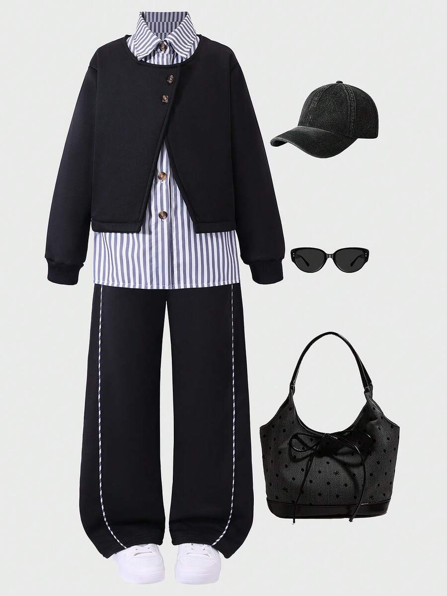 3pcs Girls Casual Striped Shirt & Grey Jacket Set, Autumn - Black - View 1