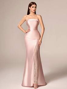 Elisanya Gaun Maxi Tanpa Tali yang Elegan untuk Wanita, Menampilkan Renda Kontras dan Desain Belahan Tinggi, Kain Tenun, Cocok untuk Pesta Malam Formal - Baby Pink - View 5