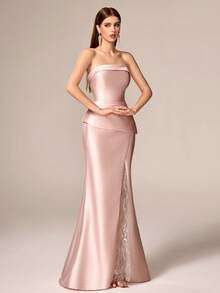 Elisanya Gaun Maxi Tanpa Tali yang Elegan untuk Wanita, Menampilkan Renda Kontras dan Desain Belahan Tinggi, Kain Tenun, Cocok untuk Pesta Malam Formal - Baby Pink - View 7