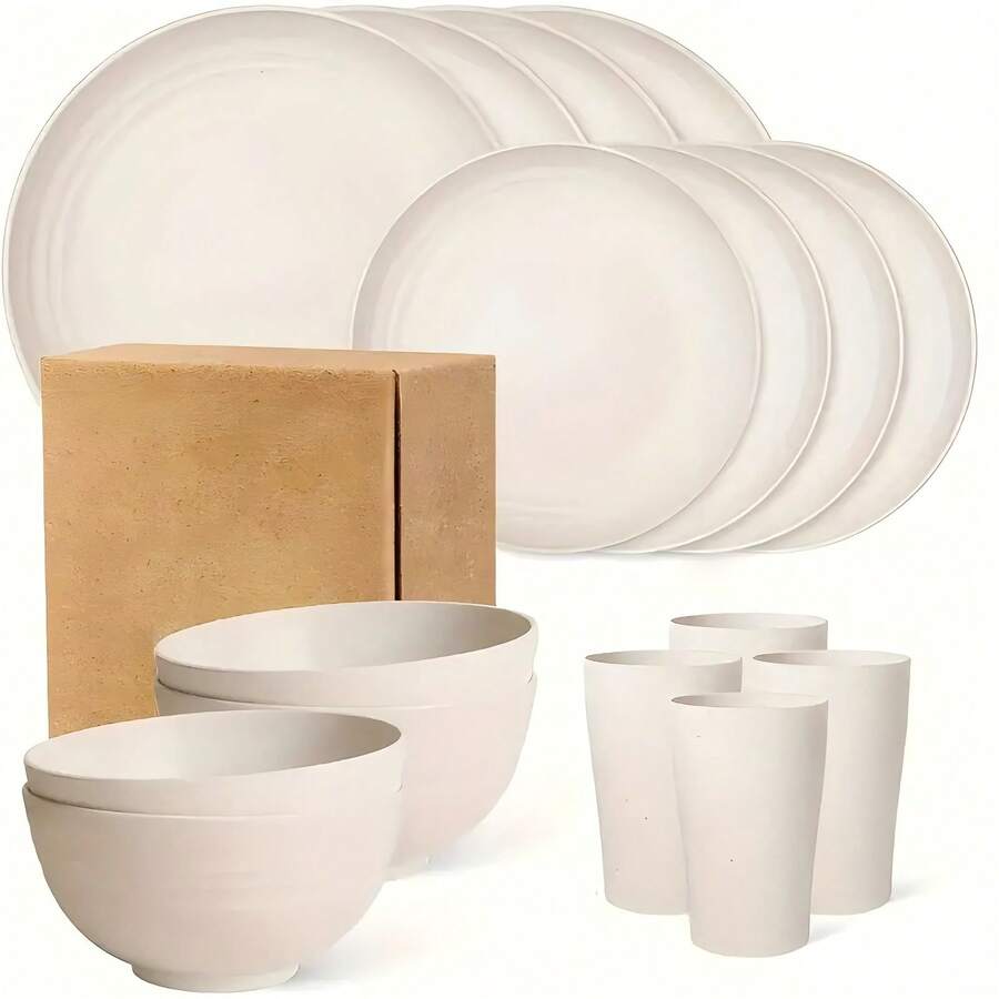 CCAGU [Unbreakable Dinnerware Set] 16pcs Wheat Straw Dinnerware Set | Service For 4, Large Size Modern Dish Set-Plate/Dessert Plate/Bowl/Cup, Lightweight Tableware, Perfect For Camping, Gifts For Christmas/Halloween, Local Warehouse Items - 米色 - 查看 1