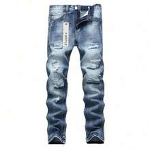 Men Plus Size Christmas Thanksgiving Day Jogger Straight Leg Slight Stretch Light Blue Ripped Skinny Jeans Fashion Cotton Distressed Denim Pants - 寶藍色 - 查看 3