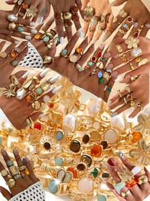 28/6pcs Vintage Elegant Bohemian Style Colorful Gemstone & Irregular Pearl Metal Ring Set, Suitable For Daily Wear And Party (Random Delivery) - Style 24 - View 2