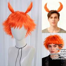 Short Orange Synthetic Straight Bangs Wig With Plush Horn Hair Hoop Men Women, Halloween Party Costumes, Christmas Gatherings, Anime Cosplay, Birthday Celebrations, Shows & Themed Events, Soft & Breathable Wig For Daily Fashion & Festival Use​, Stylish & Easy-Care & Durable & Easy To Style & Comfortable To Wear​, Ideal Choice For Gifts, Stage Props Decors - Multicolor - View 4