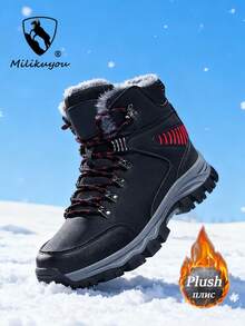 Milikuyou[End Of Season ]Winter Bestseller Men's Fleece Snow Boots, Thick Warm Outdoor Anti-Slip Boots, Men's Black Leather Upper Outdoor Snow Boots, Metal Buckle Design, High-Top Suede Leather Waterproof Anti-Slip Hiking Boots, Contrast Color Laces, Cargo Style Style, Suitable For Warmth And Outdoor Functionality Needs, Size 39-48 (Asymmetrical Pattern) - Black - View 4