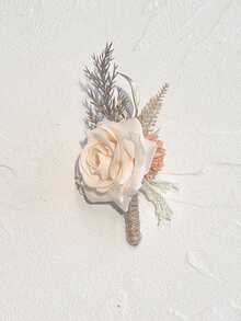 1朵香槟玫瑰配橙色雏菊仿真花胸花，适用于新郎、新娘、婚礼装饰、宴会、派对、活动、情人节配饰 - 香檳色 - 查看 5