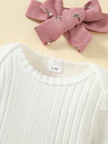 3件套女婴春秋季套装：白色罗纹长袖连体衣、碎花吊带蛋糕裙、蝴蝶结发带、可爱休闲装 - 彩色 - 查看 5