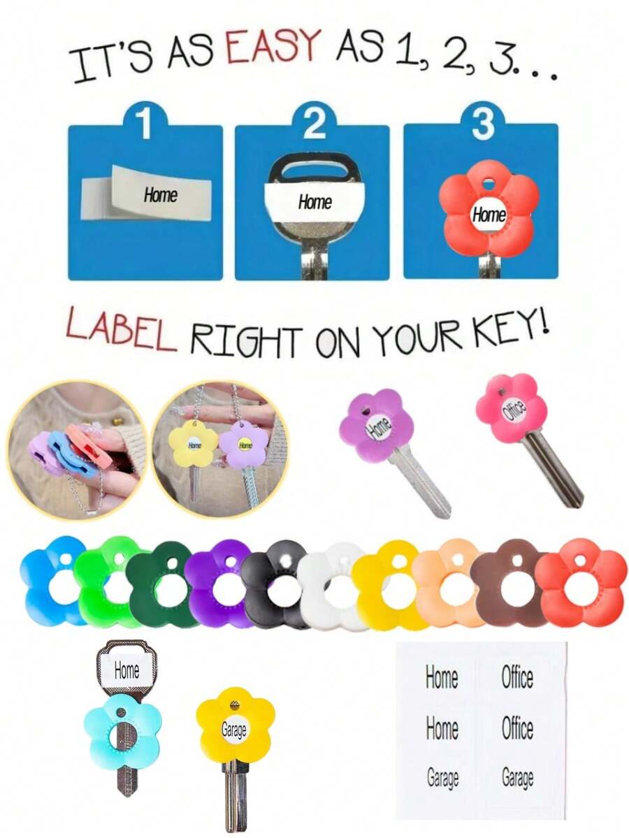 5/10/20个装花朵造型硅胶钥匙套套装 – 带颜色编码的标签钥匙帽，耐用钥匙保护套和钥匙识别收纳器 | 多色（10种随机/混色），无需工具即可轻松安装 | 适用于家庭、办公室、邮箱和门钥匙，是钥匙分类和日常钥匙收纳的理想之选，也适合海滩、夏季、度假、旅行、外出、家居用品、母亲节礼物、卧室装饰、花园、厨房装饰、夏季、海滩、旅行必备品、房间装饰、软萌可爱、毕业季礼物 - 彩色 - 查看 1