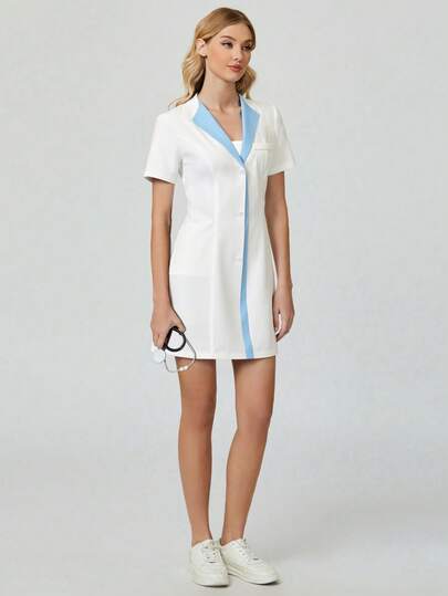 cimmuovere 女士短袖撞色护士服工作服牙医保健宠物医院实验室工作服白色