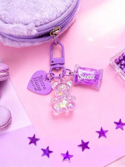 Clear Bear Keychain Candy Heart Pendant For Phone Bag Earphone Case Charm Cute School Supplies For Students Gift