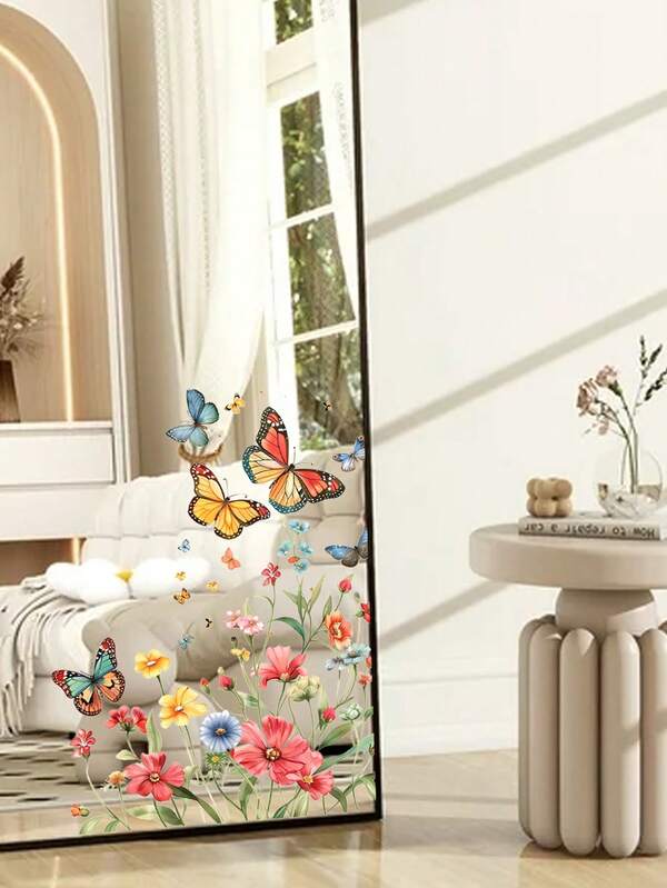 1pc Watercolor Butterfly And Flower Adhesive-Free Glass Decal, Translucent Self-Adhesive Decorative Sticker, Suitable For Bedroom, Balcony, And Kitchen Glass. Easy To Apply Without Damaging Glass. Home Decoration.