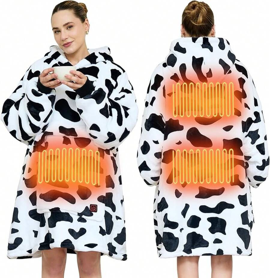 Heated Wearable Blanket Hoodie, 3 Heat Settings Oversized USB Heated Hooded Blanket Adult Without Bank, Cozy Warm Heated Hoodie Blanket Sweatshirt With Pocket And Sleeves - White-black - View 1