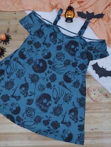 Summer Minimalist Skull Print Hollow Out Short Sleeve Dress - Dark Green - View 1