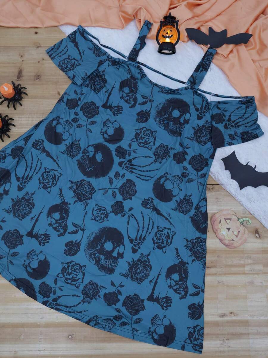 Summer Minimalist Skull Print Hollow Out Short Sleeve Dress - Dark Green - View 1