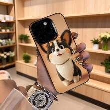 Funda de teléfono con diseño de perro corgi lindo color marrón claro con estampado de animal adorable y texto CASETTO para uso diario en tiendas florales y salidas urbanas Aplicable a los teléfonos de la serie Apple y Galaxy - Negro - Ver 4