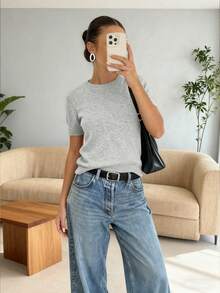 New Spring/Summer Women Knit Short Sleeve Top, Casual Minimalist Style Light Gray Solid Color Crew Neck Pullover, Suitable For Daily Wear And Commuting - Light Gray - View 3