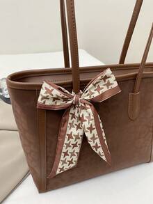 时尚纯色丝巾装饰PU手提包，大容量通勤复古简约单肩包，百搭手提包，适合女性 - 棕色 - 查看 11