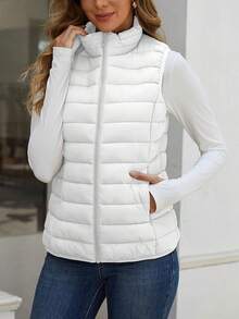 2026 Women's Essential Warm Vest  Lightweight Quilted Puffer Vest Sleeveless Stand Collar Zip-Up Padded Outerwear Gilet ,Classic Versatile For Seasonal Outdoor Use - 白色 - 查看 3
