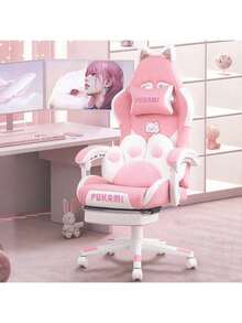 Pink Gaming Chair For Girls With Cat Paw Lumbar Cushion & Cat Ears, Ergonomic Reclining Computer Chair With Footrest & Headrest For Kids & Adults - 白色 - 查看 1