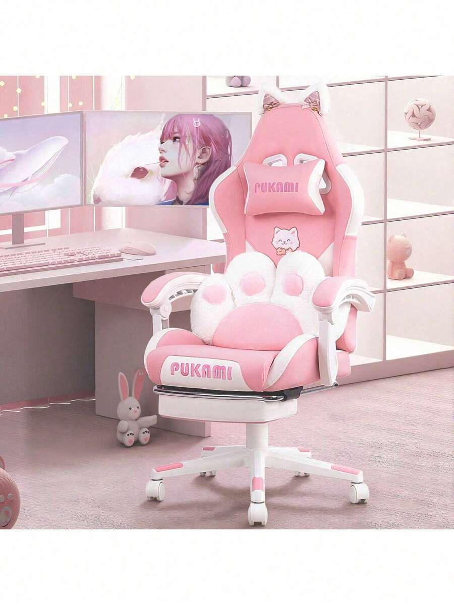 Pink Gaming Chair For Girls With Cat Paw Lumbar Cushion & Cat Ears, Ergonomic Reclining Computer Chair With Footrest & Headrest For Kids & Adults - 白色 - 查看 1