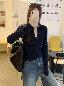 修身纽扣针织毛衣，百搭长袖套头衫，韩版风格 - 藏蓝色 - 查看 5