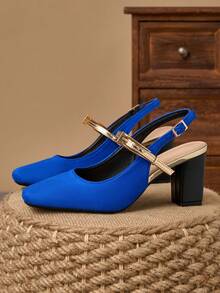 WHDXY 7厘米蓝色方头粗跟高跟鞋，优雅女士高跟鞋，适合工作、通勤、办公室、日常穿着 - 藍色 - 查看 2