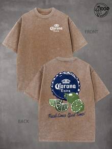 Corona Extra "Fresh Limes Good Times" T-Shirt, Retro Washed T-Shirt With Double-Sided Printed (230G Pure Cotton T-Shirt),Crew Neck, Short Sleeves,Casual Wear With Design, Men's Fall Clothes, Vintage T-Shirt,Unisex Graphic Tee,Men Gifts - 咖啡棕 - 查看 1
