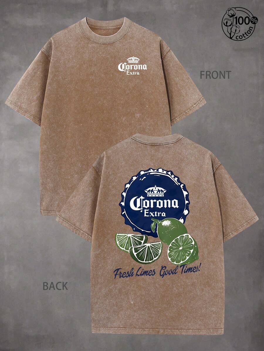 Corona Extra "Fresh Limes Good Times" T-Shirt, Retro Washed T-Shirt With Double-Sided Printed (230G Pure Cotton T-Shirt),Crew Neck, Short Sleeves,Casual Wear With Design, Men's Fall Clothes, Vintage T-Shirt,Unisex Graphic Tee,Men Gifts - 咖啡棕 - 查看 1