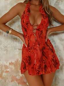 Onicee 夏季连衣裙，时尚性感深V领碎花荷叶边短裙，适合情人节、约会、聚会、派对、旅行、度假、海滩等场合。 - 橘色 - 查看 3