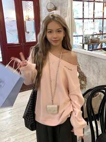 女士休闲刺绣吊带长袖套头衫 - 粉色 - 查看 9