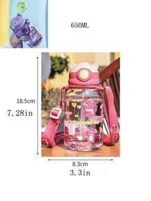 1pc 650ml Cartoon Bear Straw Water Bottle, Shatterproof Plastic Cup For Children, Preschool, Elementary Students, Nursery, School Water Bottle (Strap Needs To Be Installed Separately) - Multicolor - View 3