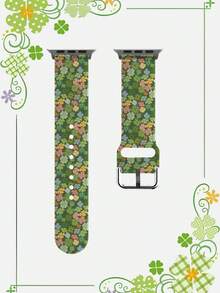一条印有四叶草图案的硅胶智能手表表带。这款通用型 20-22 毫米表带具有广泛的兼容性：兼容华为 Watch GT3/GT4、三星 Galaxy Watch6 以及 Series 1 至 Series 9、SE 和 Ultra（表壳尺寸 38-49 毫米）。