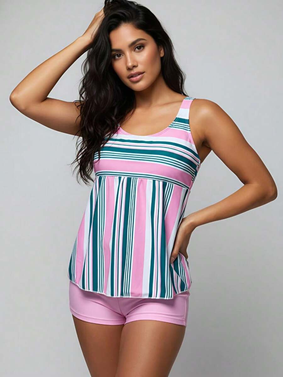 Traje de Baño Tankini de 2 Piezas para Mujer, Top Estilo Túnica/Peplum con Estampado a Rayas Verticales, Conjunto de Natación de Cobertura Completa con Shorts de Talle Alto y Control de Abdomen - Rosa - Ver 1