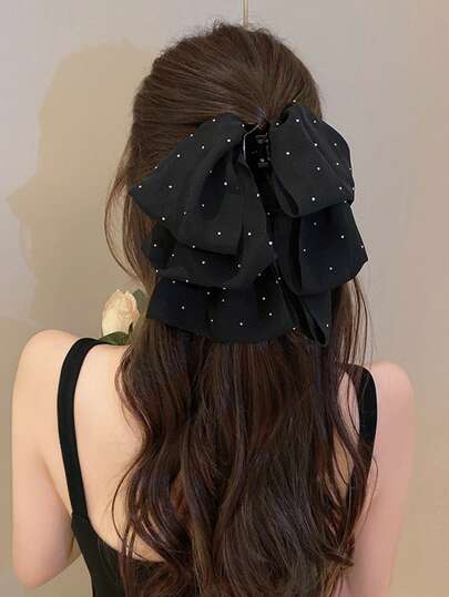 1pc Black Rhinestone Elegant Fashion Handmade Layered Bow Hair Claw Clip, Suitable For Party And Daily Use Hair Clip Winter Hair Accessories